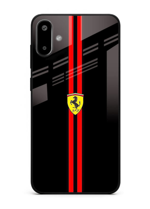 Minimal Ferrari style red stripe design on black background for Samsung F06 5G