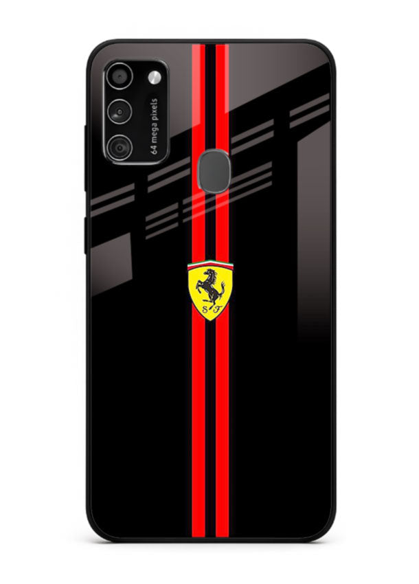 Minimal Ferrari style red stripe design on black background for Samsung M30s