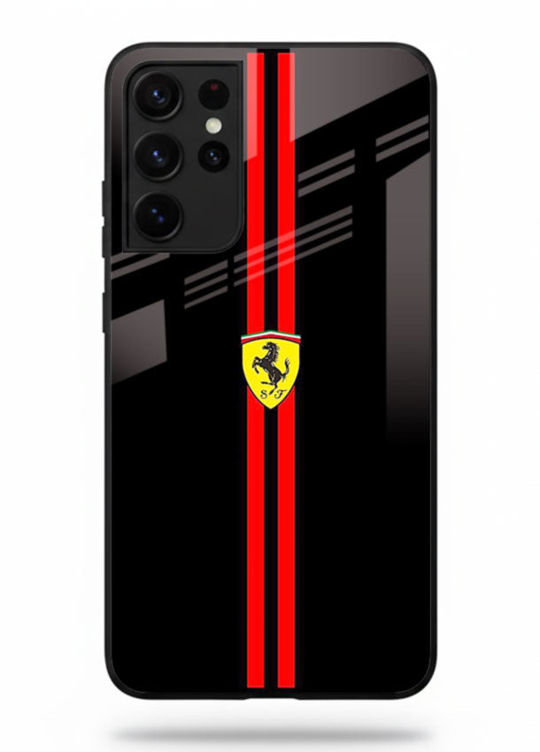 Minimal Ferrari style red stripe design on black background for Samsung S21 Ultra