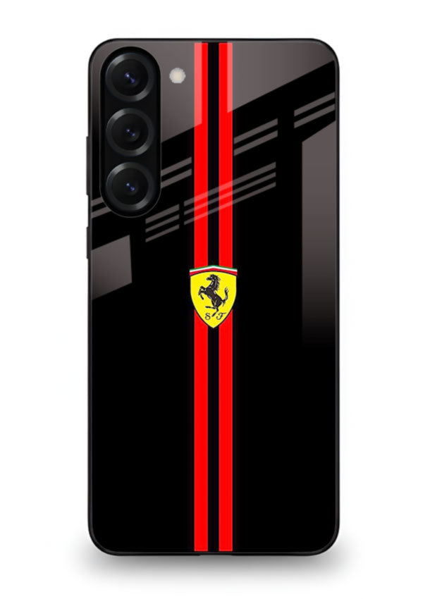 Minimal Ferrari style red stripe design on black background for Samsung S23
