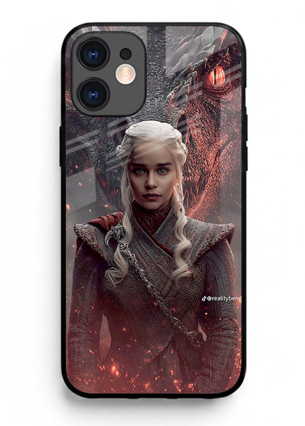 Fantasy queen with dragon artwork printed on tempered glass iPhone 12 back cover