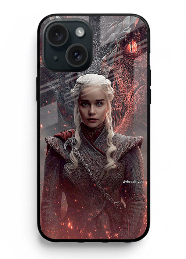 Fantasy queen with dragon artwork printed on tempered glass iPhone 13 back cover