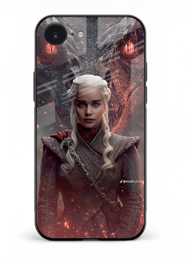 Fantasy queen with dragon artwork printed on tempered glass iPhone 16E back cover