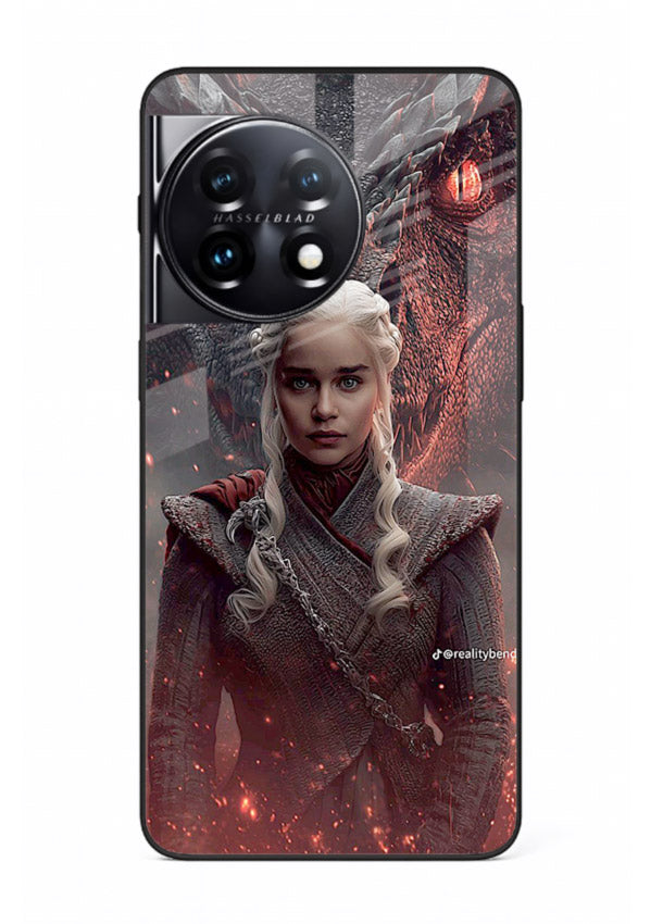Fantasy queen with dragon artwork printed on tempered glass OnePlus 11 back cover