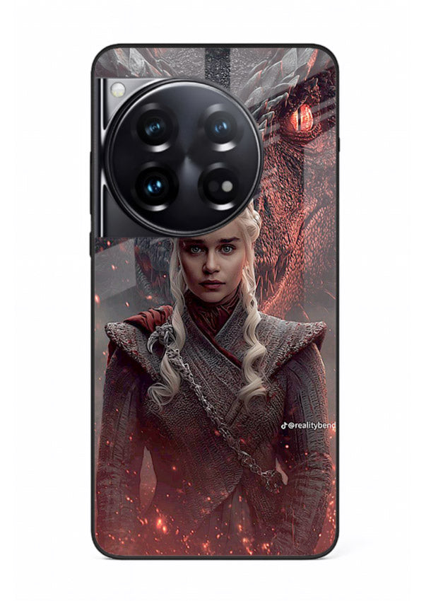 Fantasy queen with dragon artwork printed on tempered glass OnePlus 12 back cover