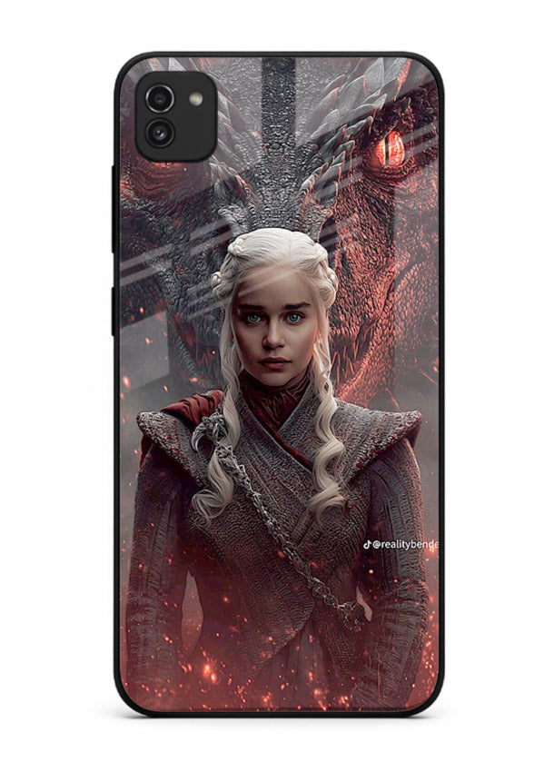 Fantasy queen with dragon artwork printed on tempered glass Samsung A03 back cover