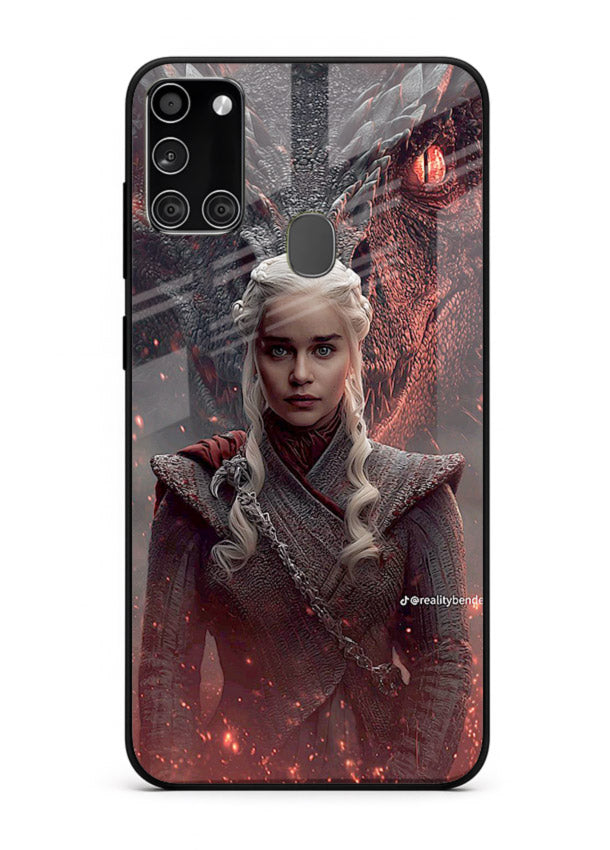 Fantasy queen with dragon artwork printed on tempered glass Samsung A21s back cover