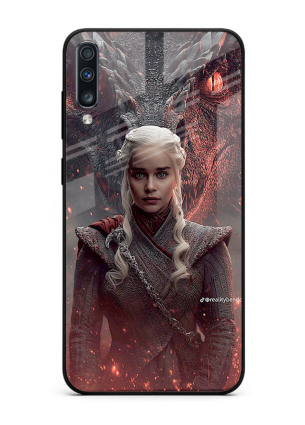 Fantasy queen with dragon artwork printed on tempered glass Samsung A70 back cover