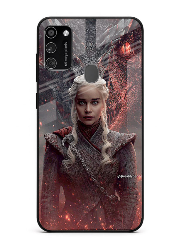 Fantasy queen with dragon artwork printed on tempered glass Samsung M21 back cover