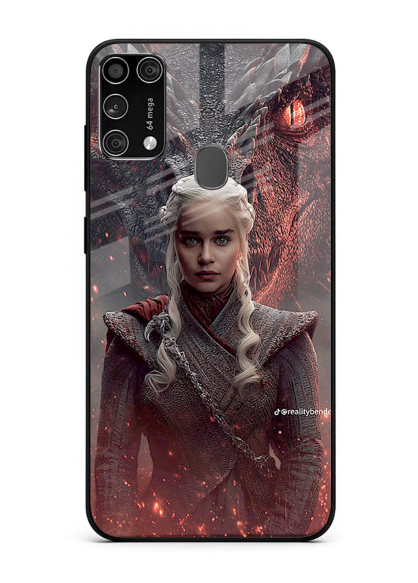 Fantasy queen with dragon artwork printed on tempered glass Samsung M31 Prime back cover