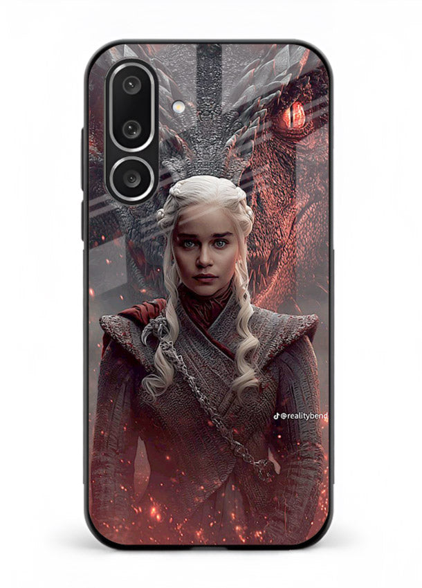 Fantasy queen with dragon artwork printed on tempered glass Samsung F56 5G back cover