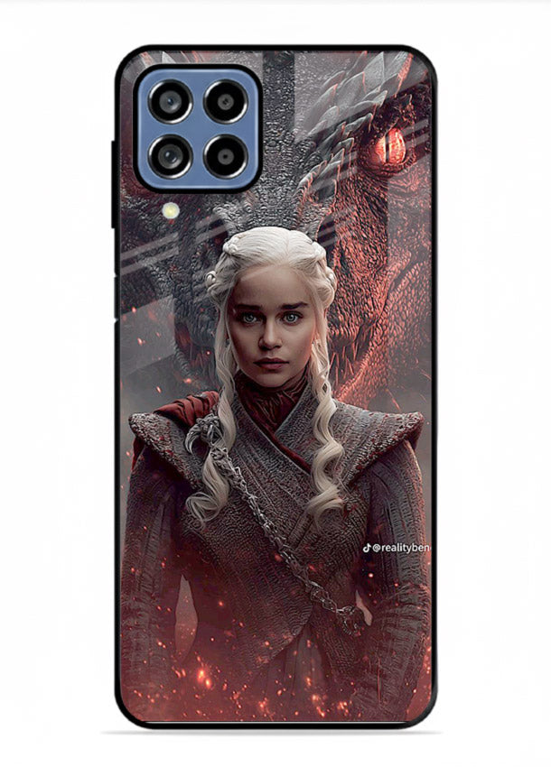 Fantasy queen with dragon artwork printed on tempered glass Samsung F22 4G back cover