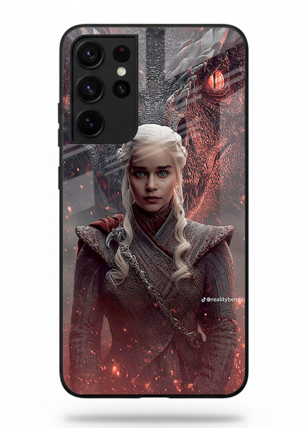 Fantasy queen with dragon artwork printed on tempered glass Samsung S21 Ultra back cover