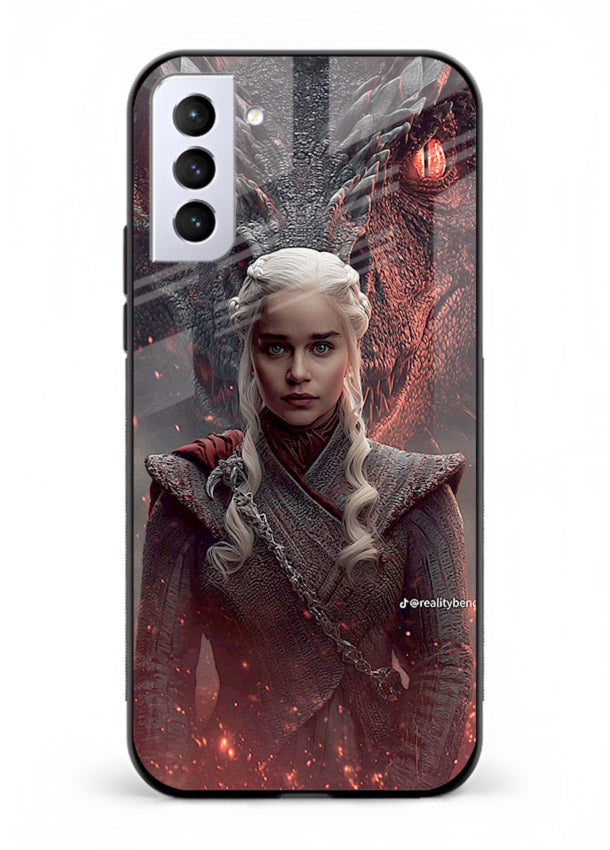 Fantasy queen with dragon artwork printed on tempered glass Samsung S21 Plus back cover