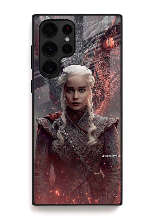 Fantasy queen with dragon artwork printed on tempered glass Samsung S24 Ultra back cover