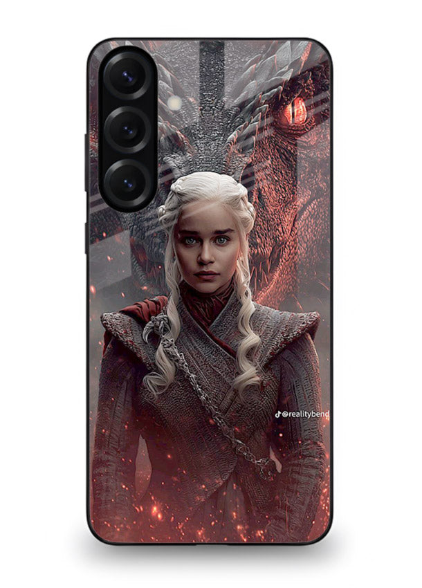 Fantasy queen with dragon artwork printed on tempered glass Samsung S23 FE back cover