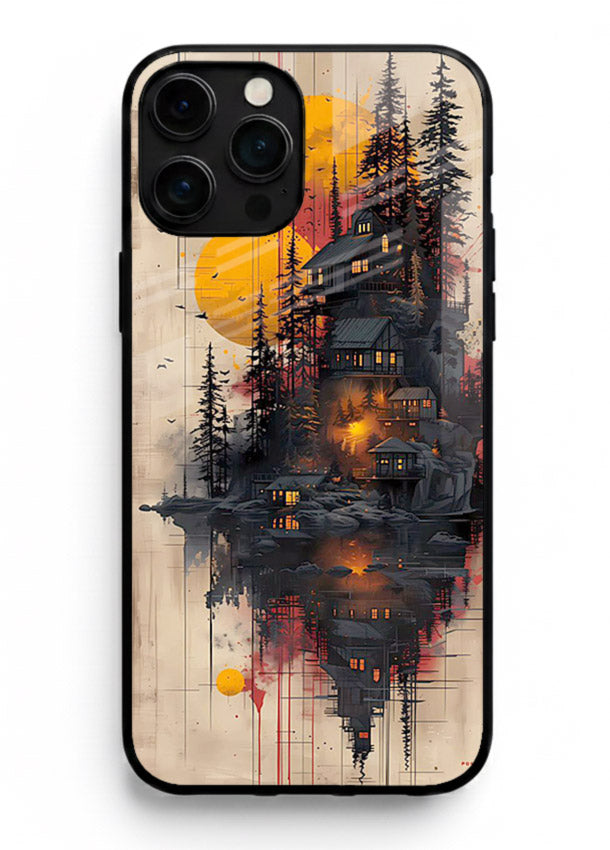 Floating Cabin Sunset warm cabin artwork iphone 14 pro max glass back cover