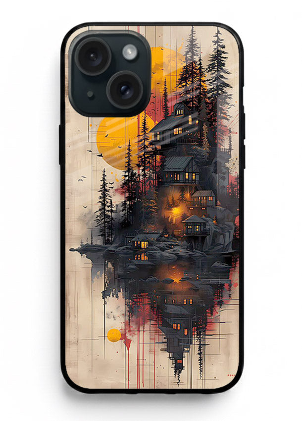 Floating Cabin Sunset warm cabin artwork iphone 15 glass back cover