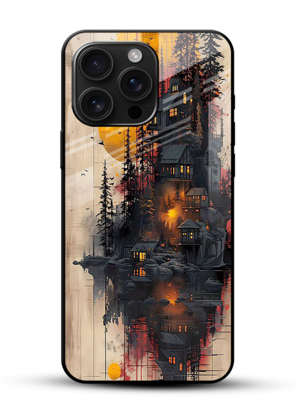 Floating Cabin Sunset warm cabin artwork glossy vibrant premium glass back cover - Angle Front