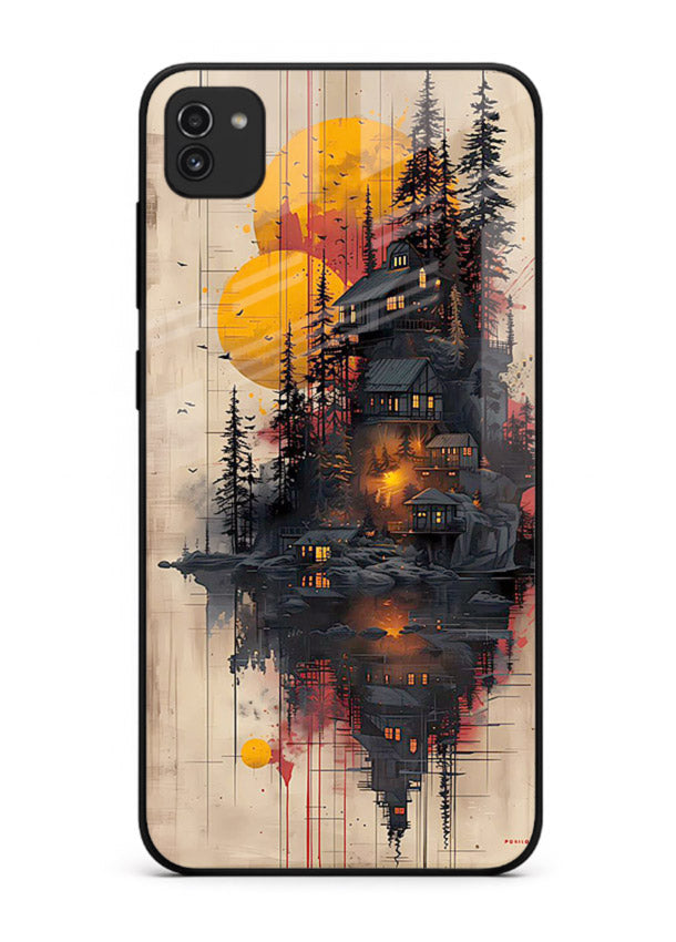Floating Cabin Sunset warm cabin artwork Samsung A03 glass back cover
