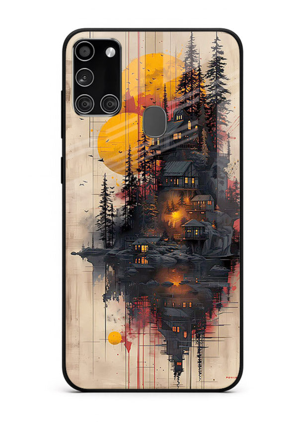 Floating Cabin Sunset warm cabin artwork Samsung A21s glass back cover