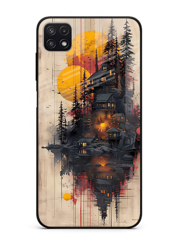 Floating Cabin Sunset warm cabin artwork Samsung A22 5G glass back cover