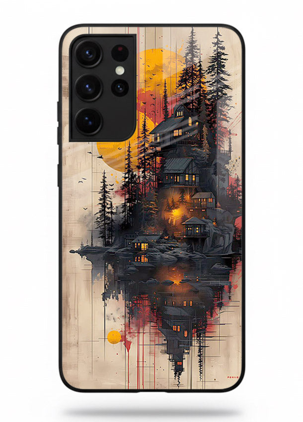 Floating Cabin Sunset warm cabin artwork Samsung S21 Ultra glass back cover