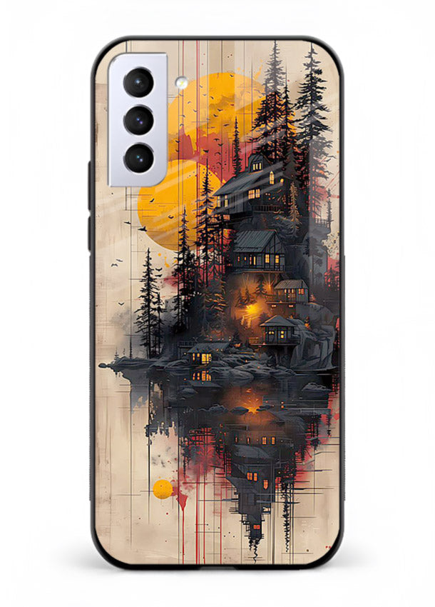 Floating Cabin Sunset warm cabin artwork Samsung S21 FE glass back cover