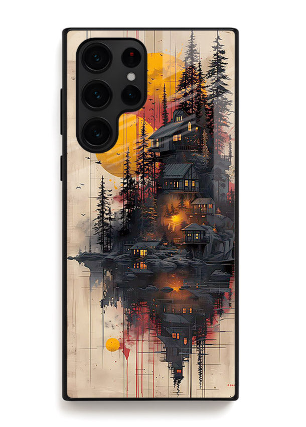 Floating Cabin Sunset warm cabin artwork Samsung S23 Ultra glass back cover