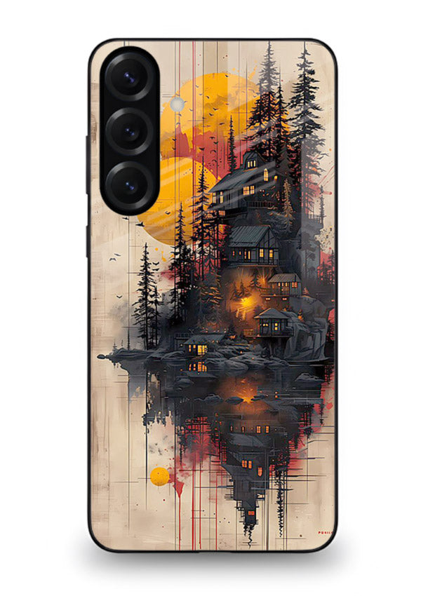 Floating Cabin Sunset warm cabin artwork Samsung A25 5G glass back cover