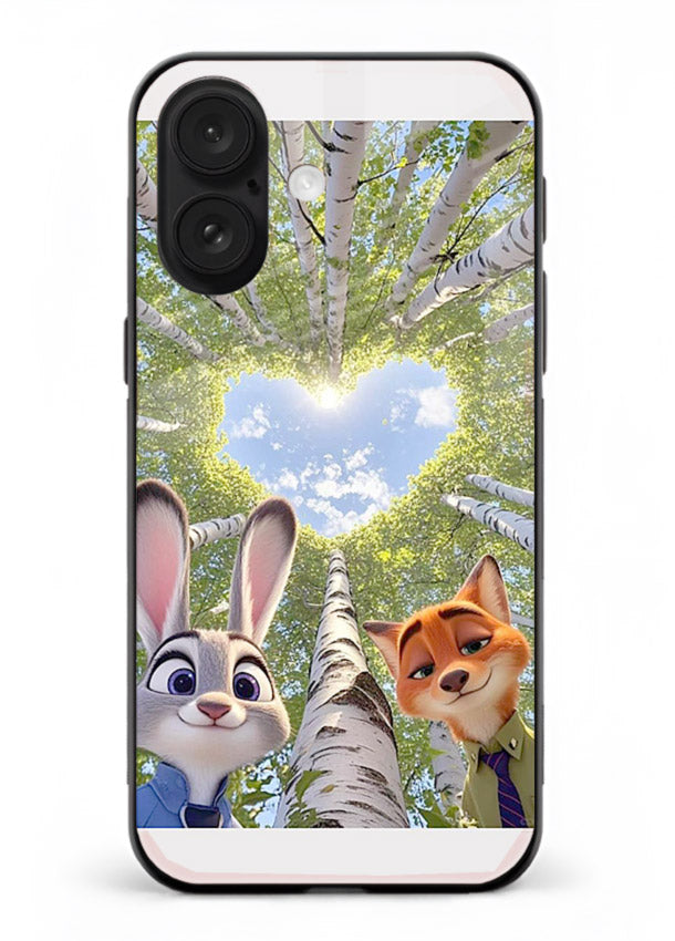Animated forest heart artwork printed on glossy tempered glass iPhone 16 back cover