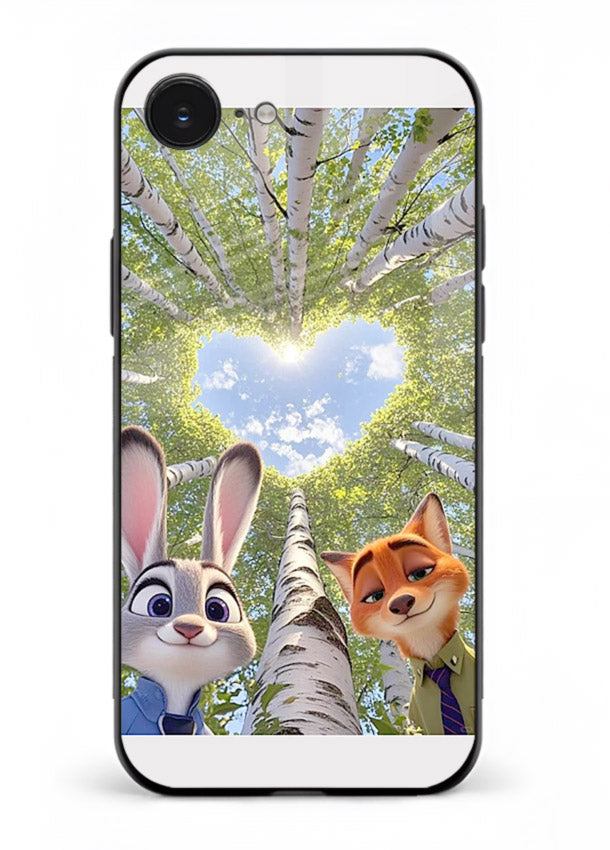 Animated forest heart artwork printed on glossy tempered glass iPhone 16E back cover