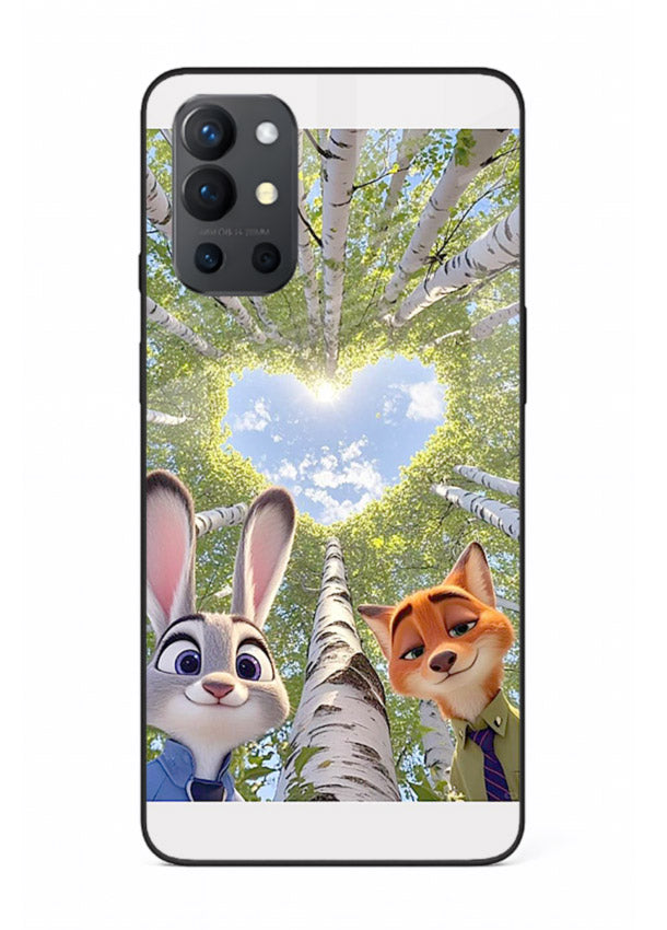 Animated forest heart artwork printed on glossy tempered glass OnePlus 9R back cover