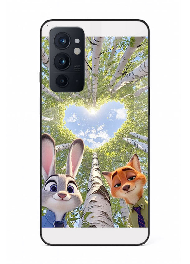Animated forest heart artwork printed on glossy tempered glass OnePlus 9RT back cover