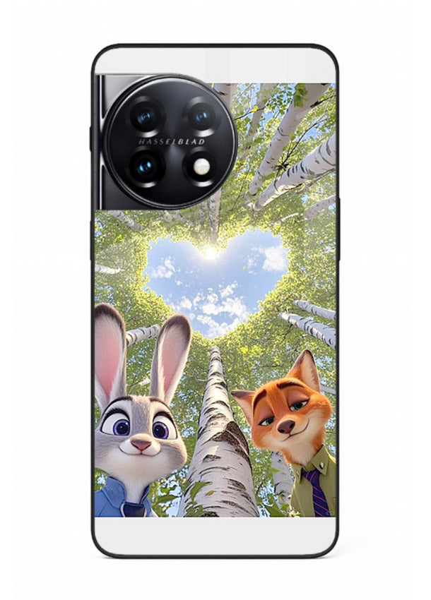 Animated forest heart artwork printed on glossy tempered glass OnePlus 11 back cover