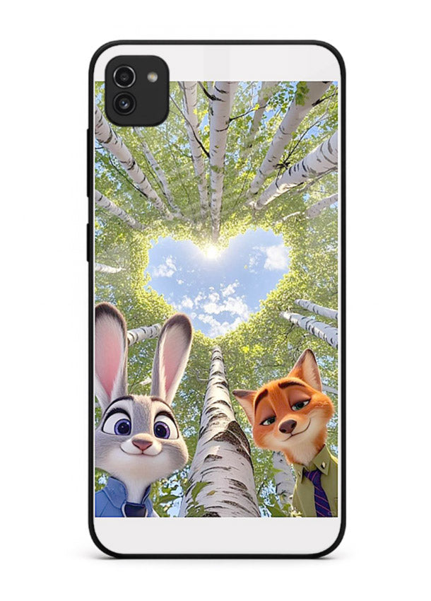Animated forest heart artwork printed on glossy tempered glass Samsung A03 back cover