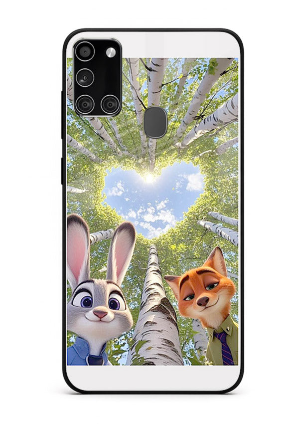 Animated forest heart artwork printed on glossy tempered glass Samsung A21s back cover