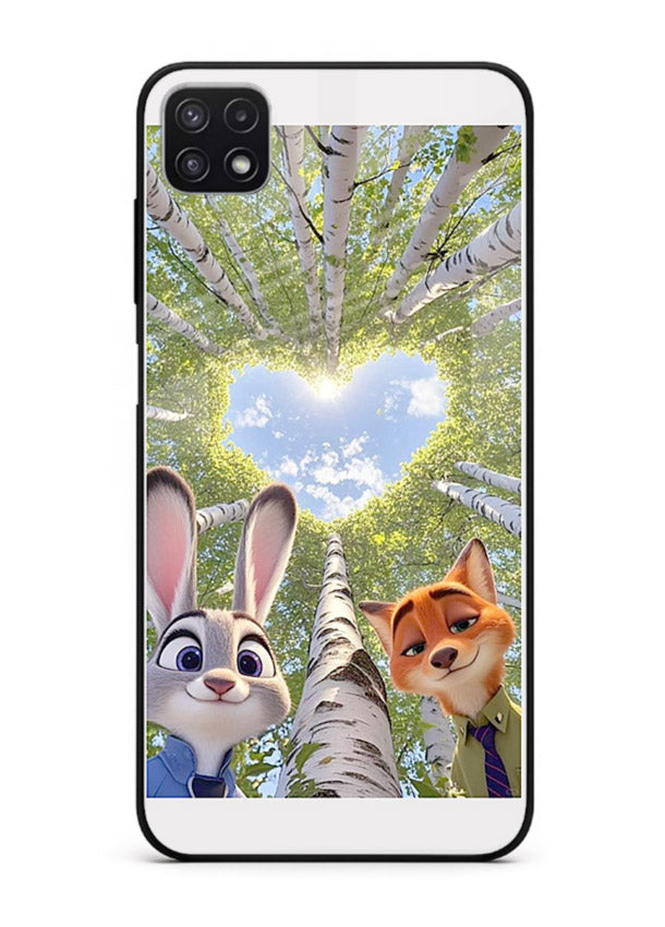 Animated forest heart artwork printed on glossy tempered glass Samsung F42 5G back cover