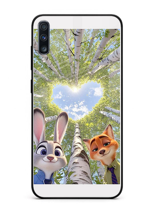 Animated forest heart artwork printed on glossy tempered glass Samsung A50 back cover