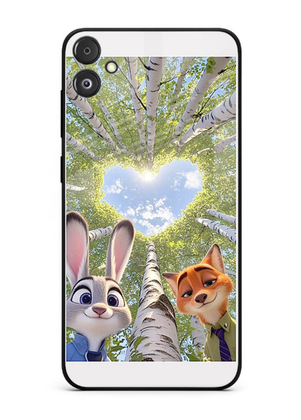 Animated forest heart artwork printed on glossy tempered glass Samsung F05 5G back cover