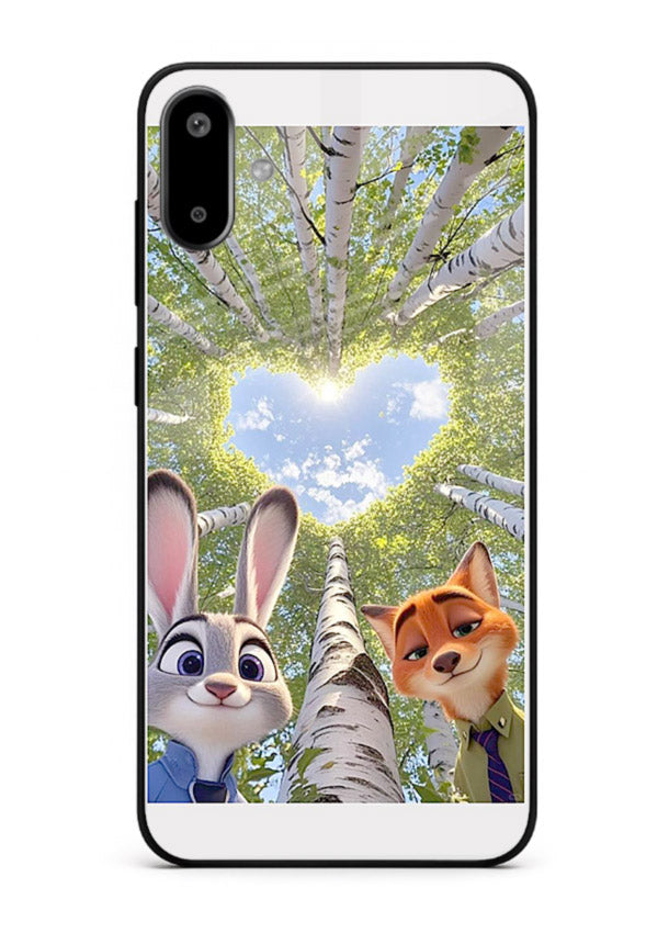 Animated forest heart artwork printed on glossy tempered glass Samsung F06 5G back cover