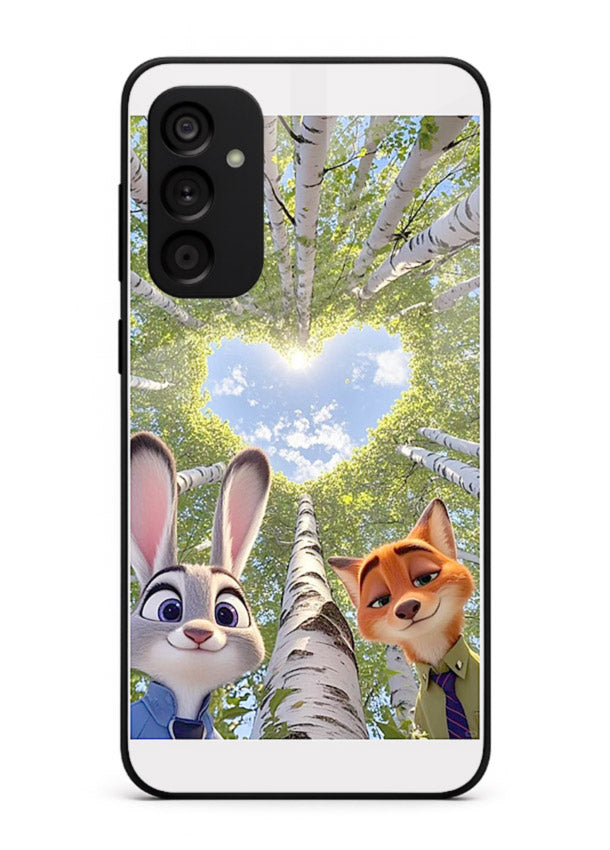 Animated forest heart artwork printed on glossy tempered glass Samsung A34 5G back cover