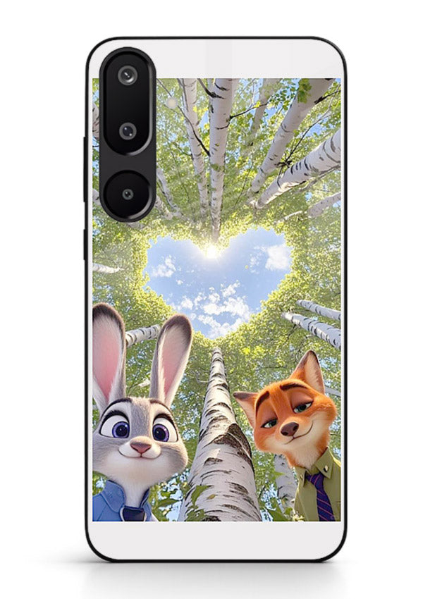 Animated forest heart artwork printed on glossy tempered glass Samsung F16 5G back cover