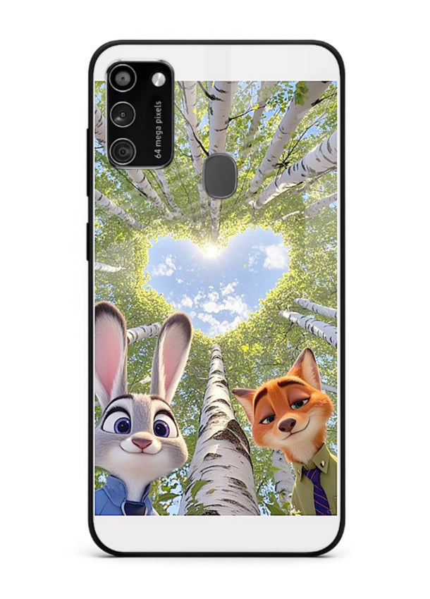 Animated forest heart artwork printed on glossy tempered glass Samsung M21 back cover