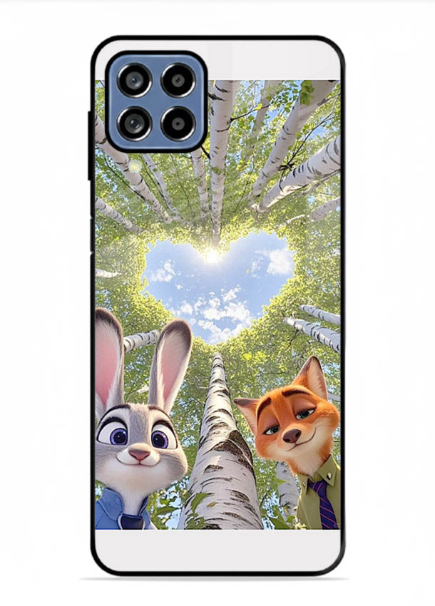 Animated forest heart artwork printed on glossy tempered glass Samsung M33 5G back cover