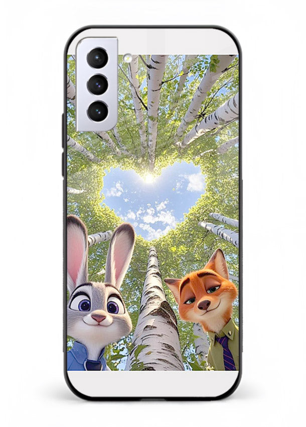 Animated forest heart artwork printed on glossy tempered glass Samsung S21 Plus back cover
