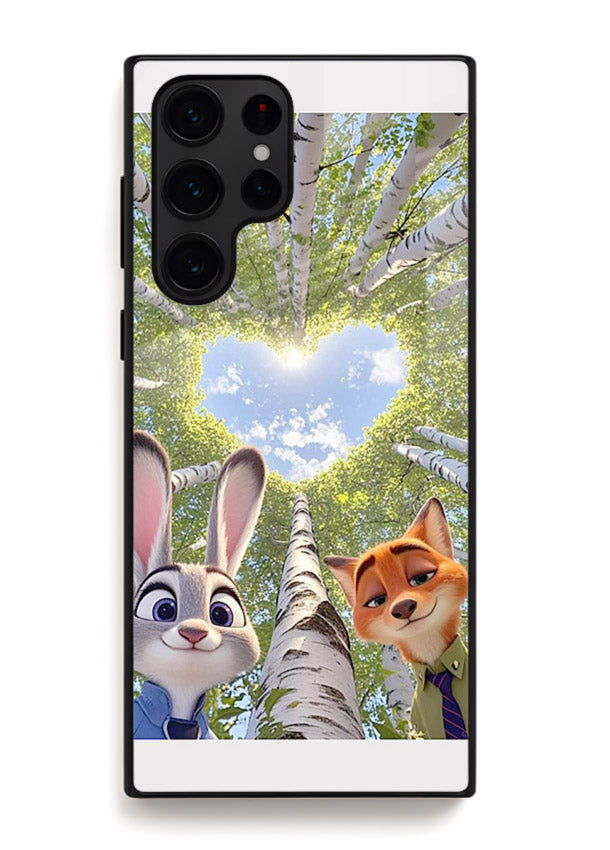 Animated forest heart artwork printed on glossy tempered glass Samsung S24 Ultra back cover