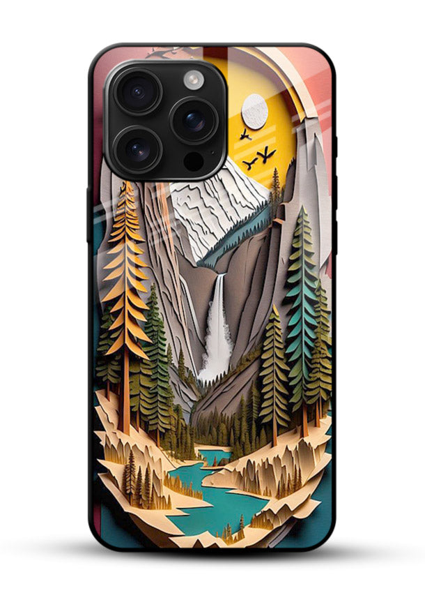 Forest Mountain Badge retro mountain badge artwork glossy vibrant premium glass back cover - Angle Front