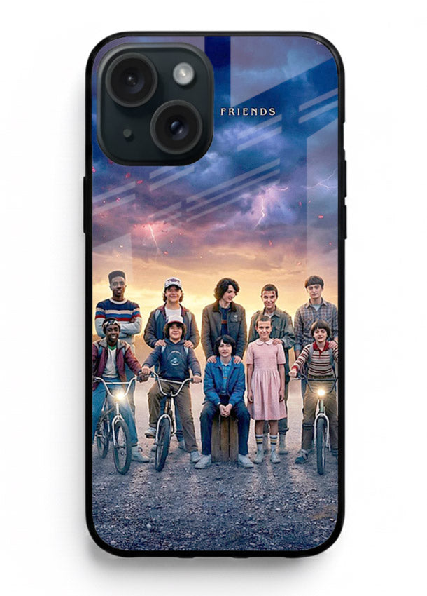 Adventure friends squad artwork printed on premium tempered glass iPhone 15 Plus back cover