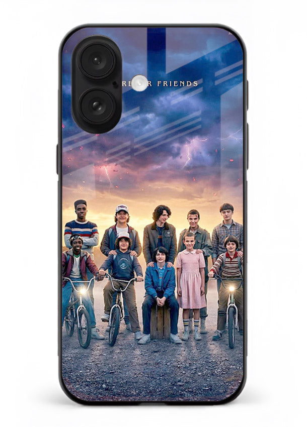 Adventure friends squad artwork printed on premium tempered glass iPhone 16 Plus back cover